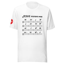 Load image into Gallery viewer, Jesus Deserves More Than Four Chords T-Shirt (white)